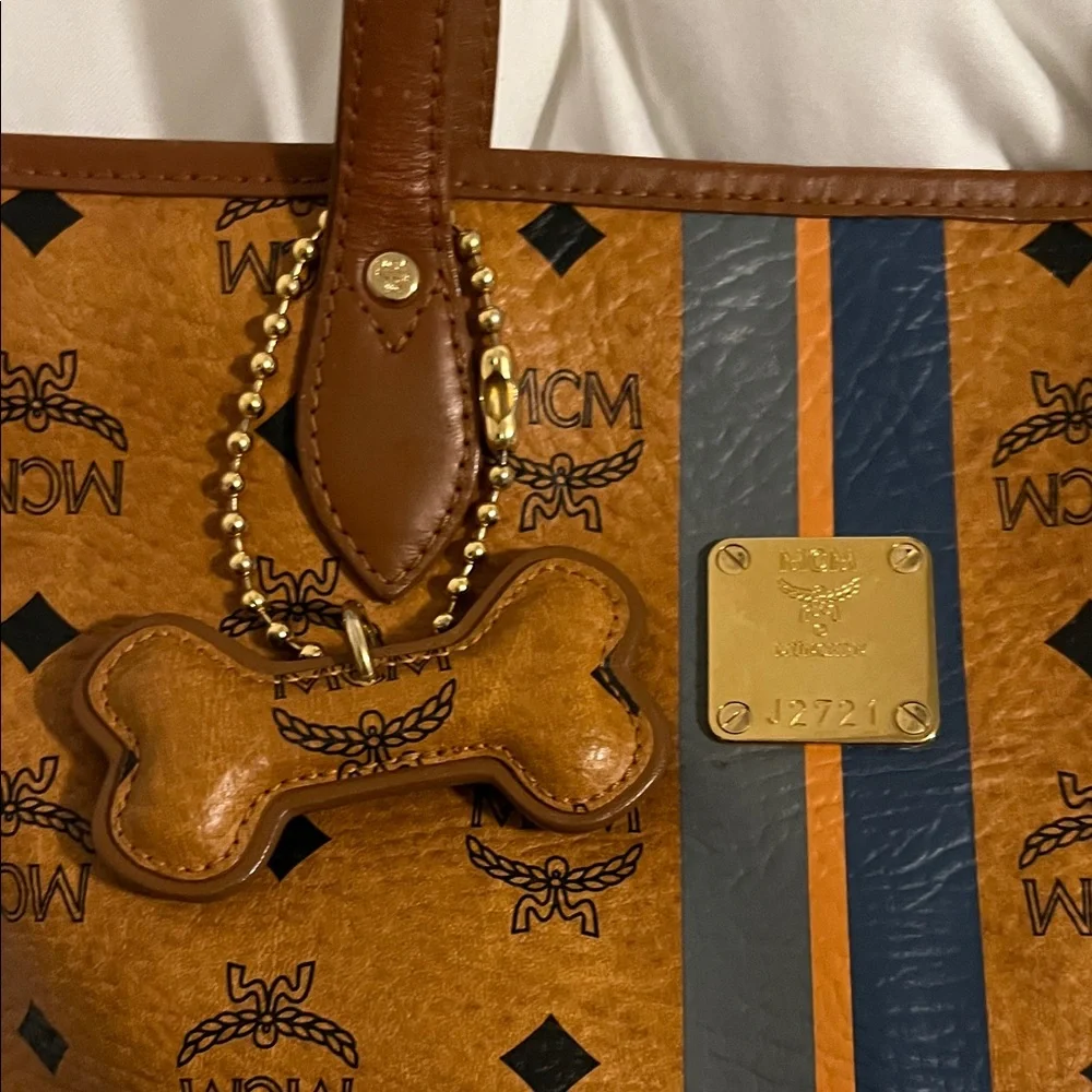 MCM Cognac Brown Visetos Small Tote with Navy and Orange Stripes